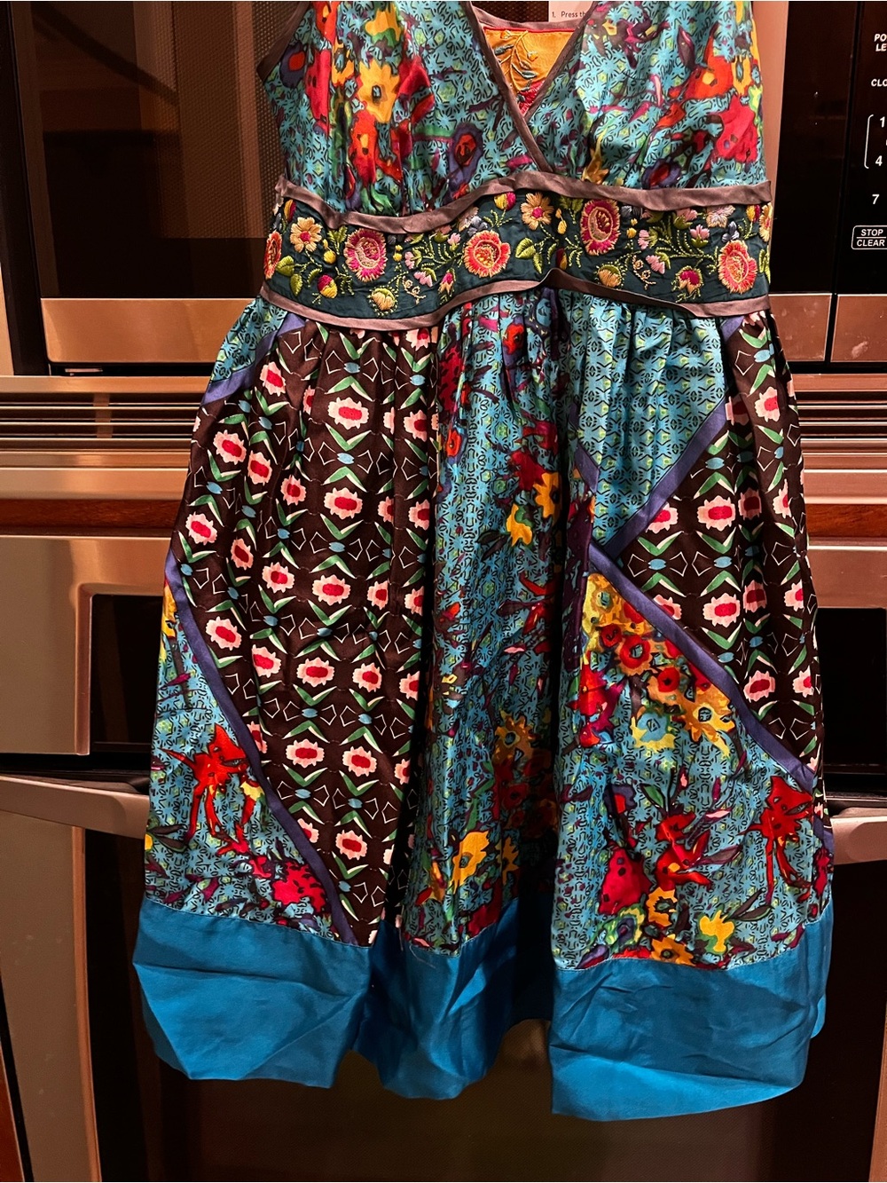 Johnny Was Silk Vibrant Floral Patchwork Sundress in Teal & Multi - Picture 4 of 16